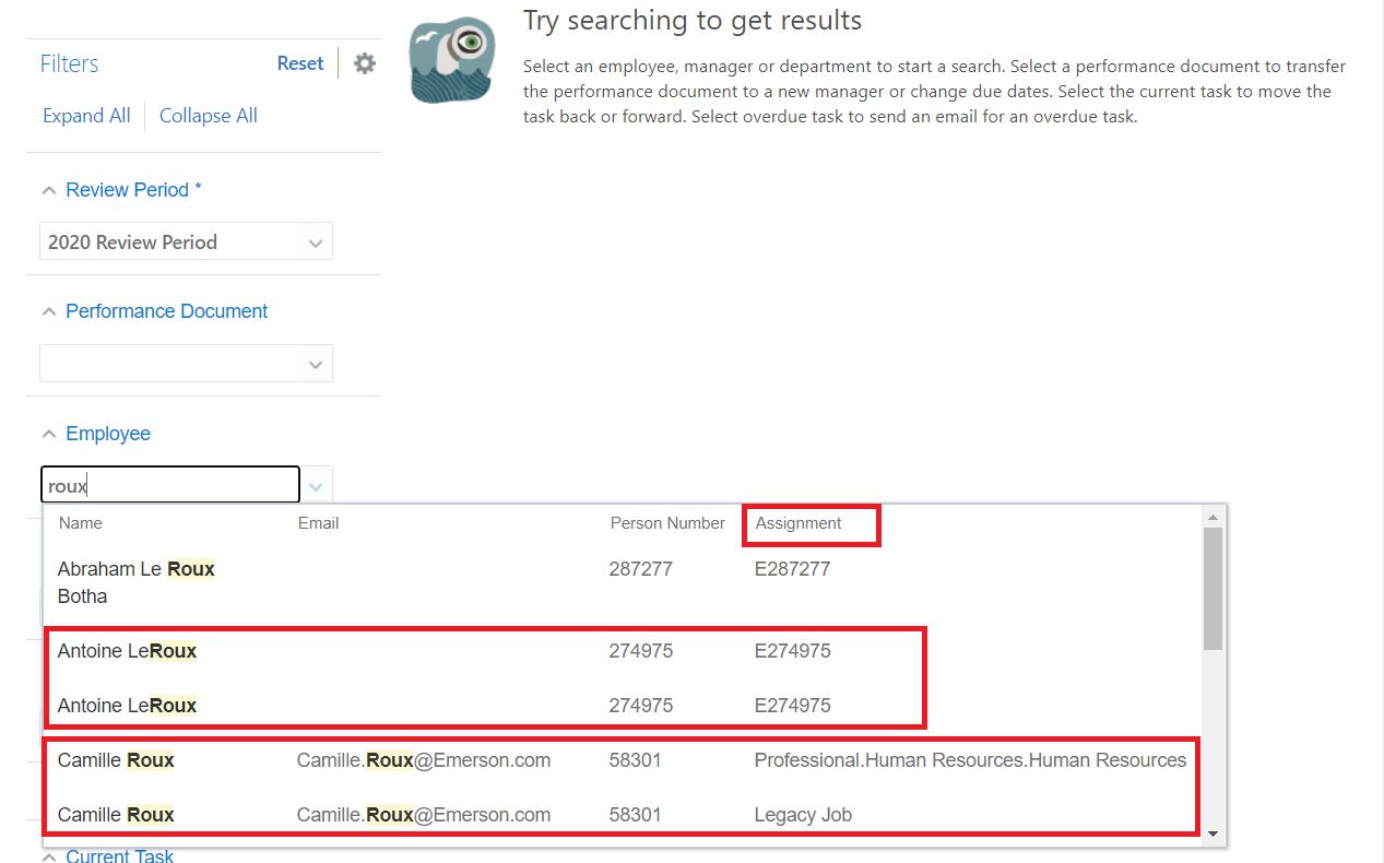 Performance Document Search - Employee Assignment — Cloud Customer Connect