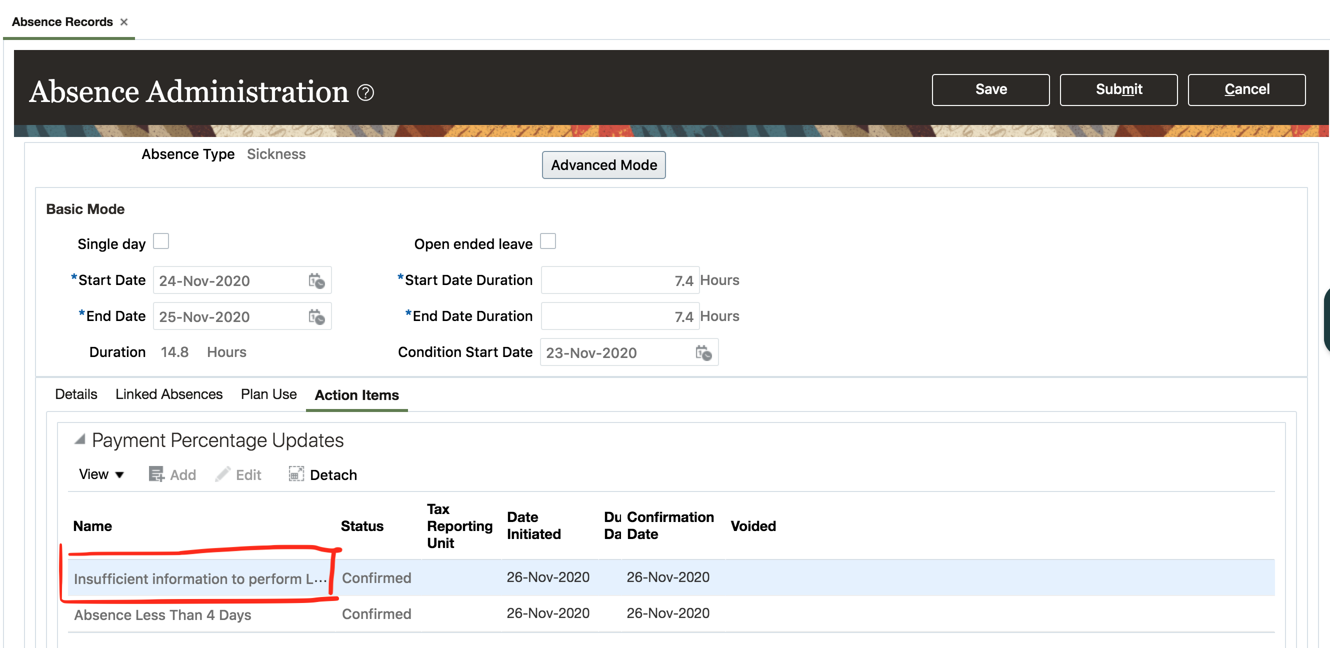 Need an underlaying table for Absence Records -> Action Items ...
