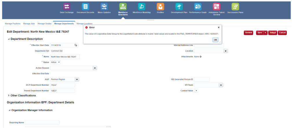 Unable to Update and/or Edit Departments — Cloud Customer Connect