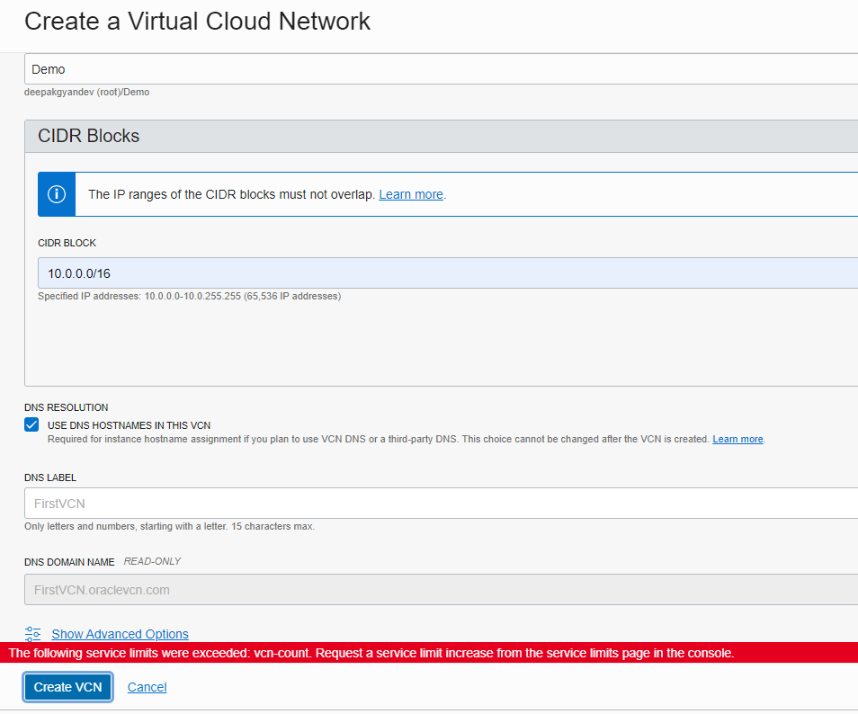 VCN limit in Free Tier — Cloud Customer Connect