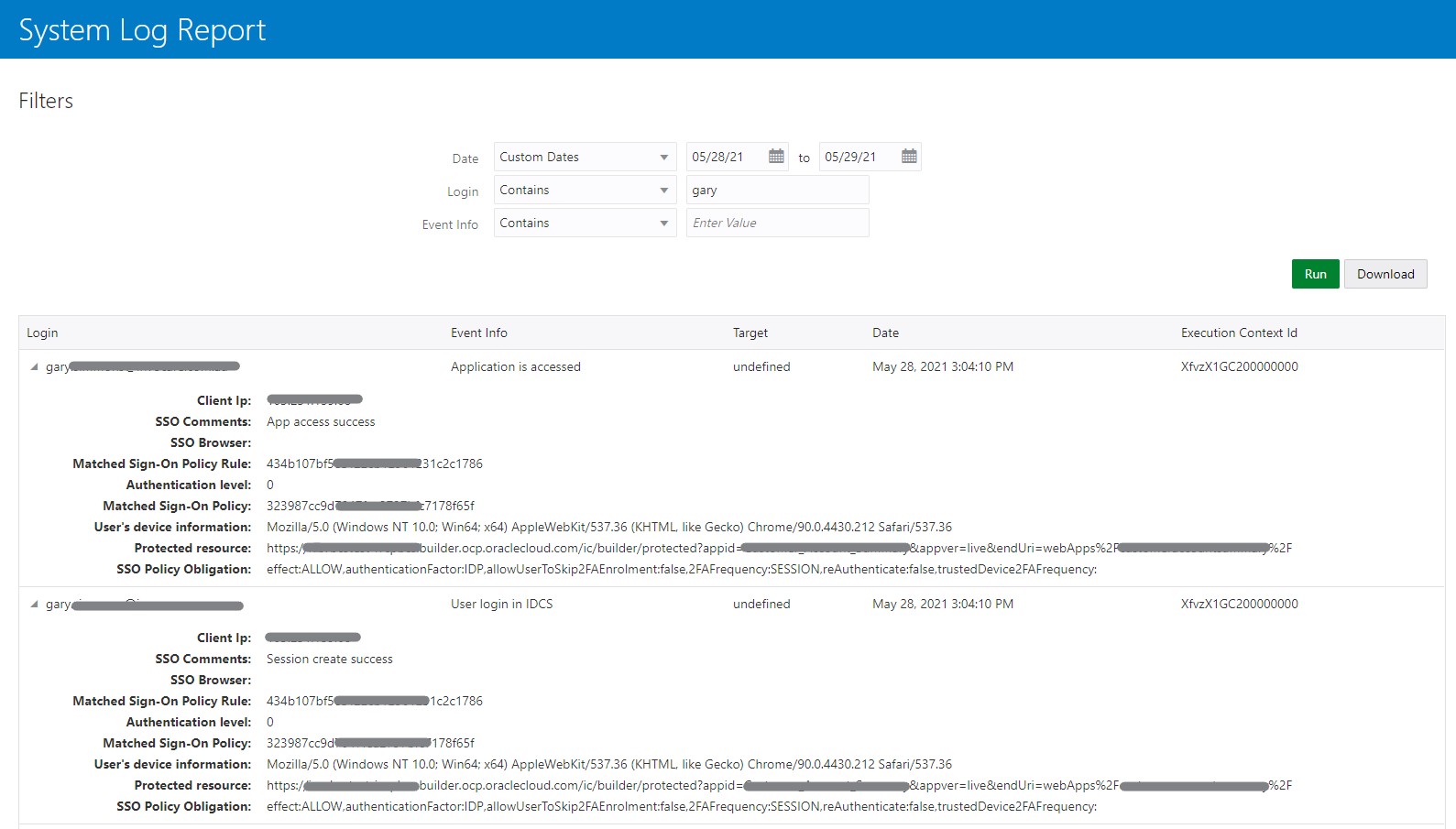 Oracle - Please update IDCS System Log Report to show Policy names, as ...