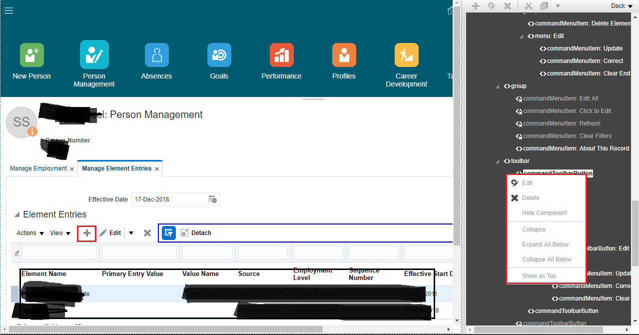 Unable to customize the Create Button in the Manage Element Entries ...