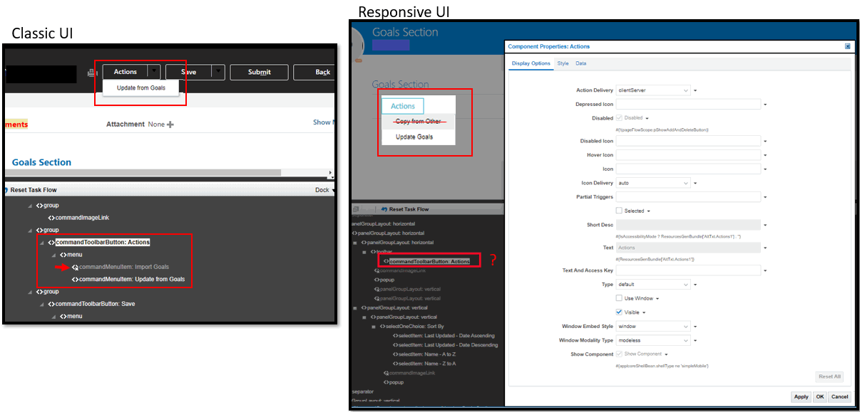 Customize "Actions" drop-down in Responsive UI vs Classic UI — Cloud ...