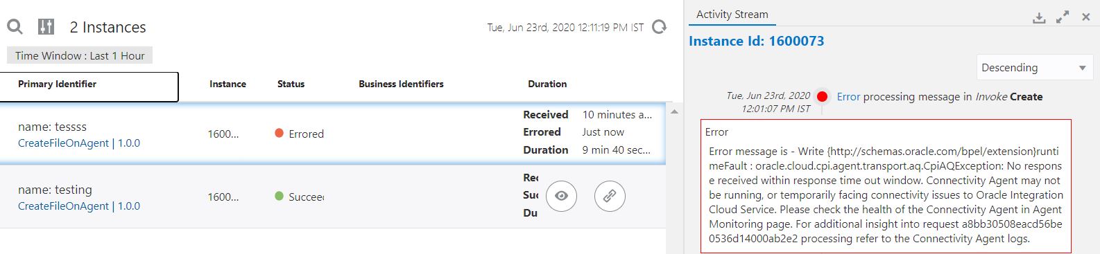 OIC connectivity agent time out — Cloud Customer Connect