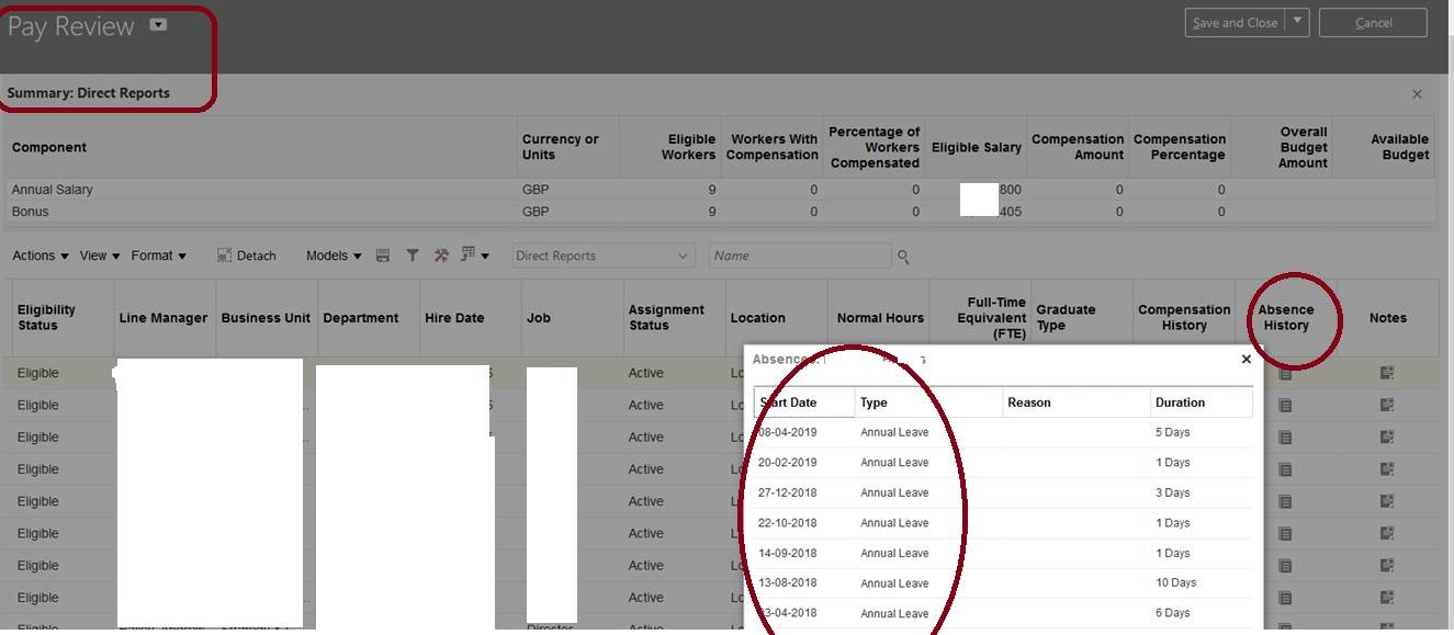 Restricted Absence Type under 'Absence History' on 'Pay Review ...