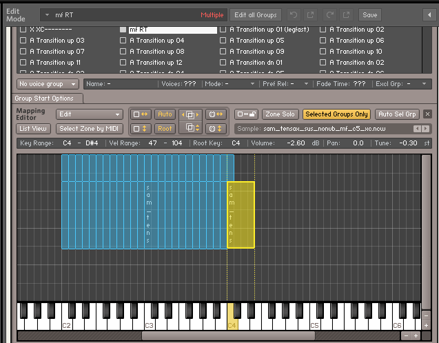 KontaktのMapping Editor。録音サンプルをどの鍵盤・強さで鳴らすか範囲指定している。