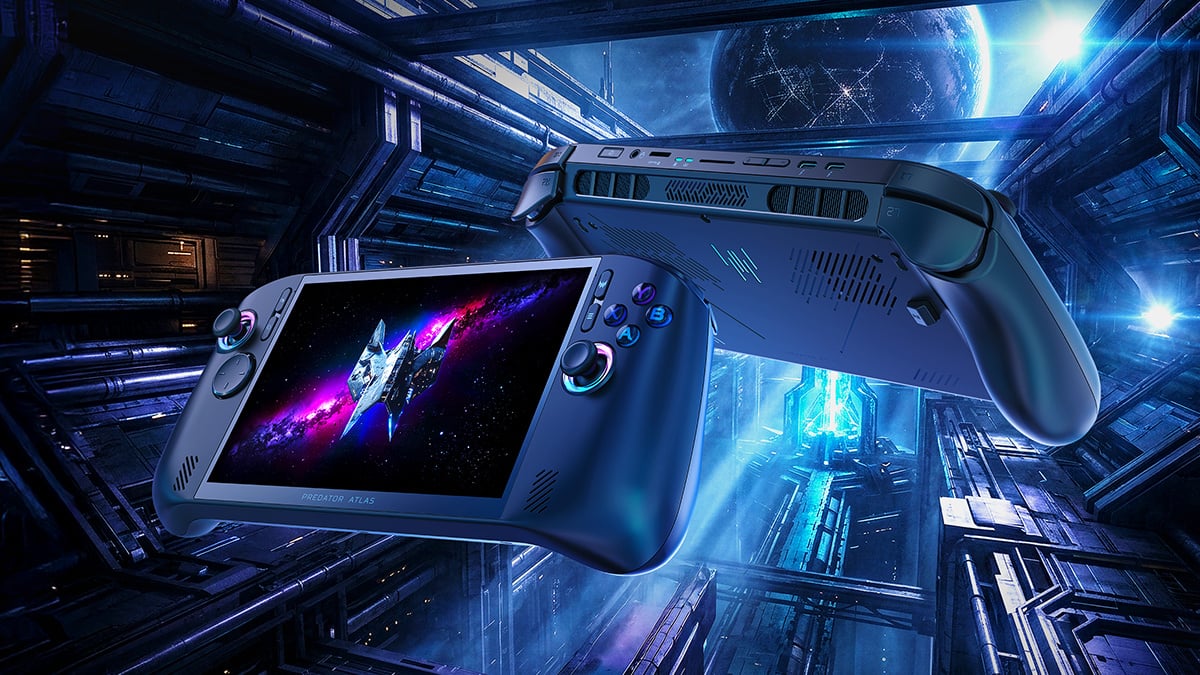 Acer Predator Atlas 8 handheld gaming PC shown at an angle with its 8-inch display, dual joysticks and ABXY buttons visible