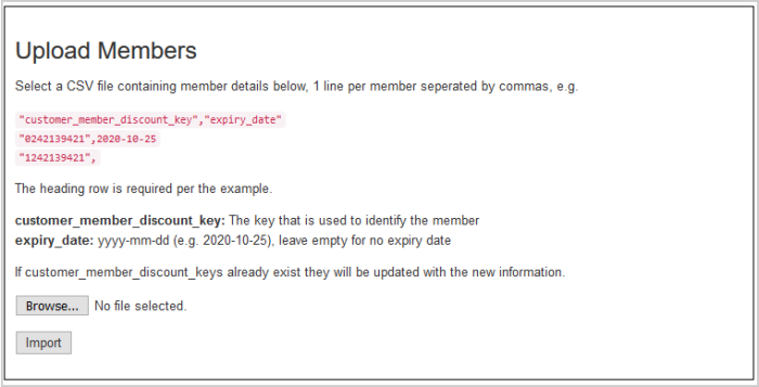 The Upload Members page showing the Browse and Import buttons for a member details CSV file