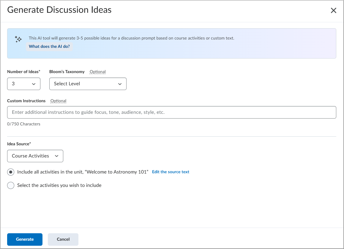 Generate Discussion Ideas dialog with all available options.