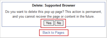 The pop up page deletion confirmation window with the Yes and No buttons