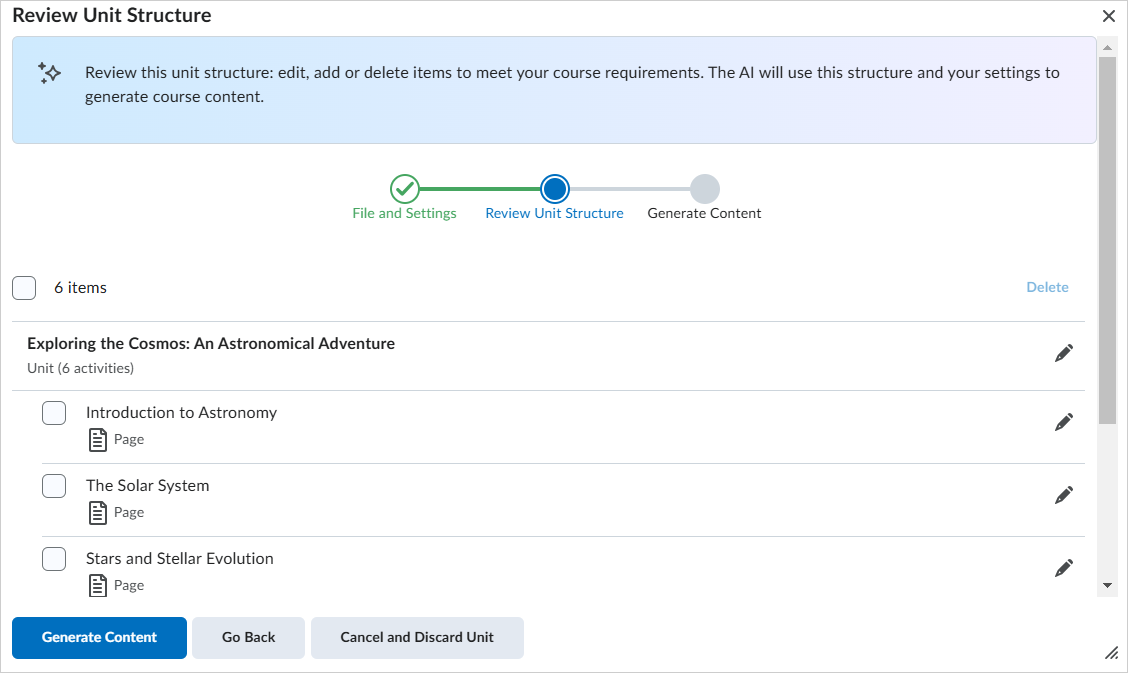 The Review Unit Structure dialog. A generated unit and child pages are displayed.