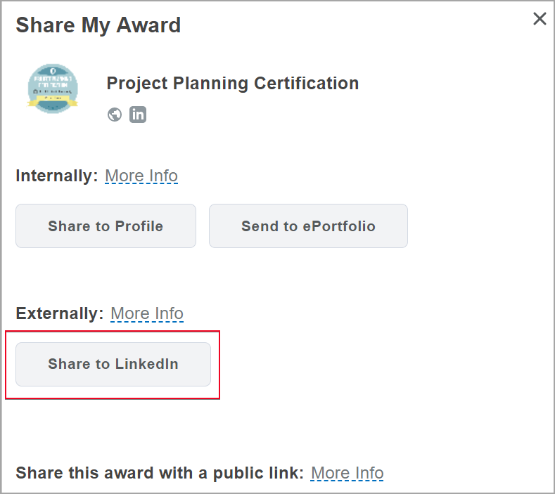 Sharing settings and the Share to LinkedIn  button in the Share My Award dialog