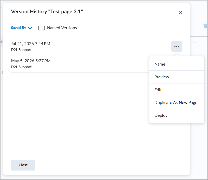 The Versions list with actions for previewing, editing, duplicating, or restoring a version.