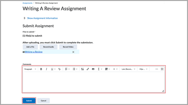 The Submit Assignment page with an audio-video file attached