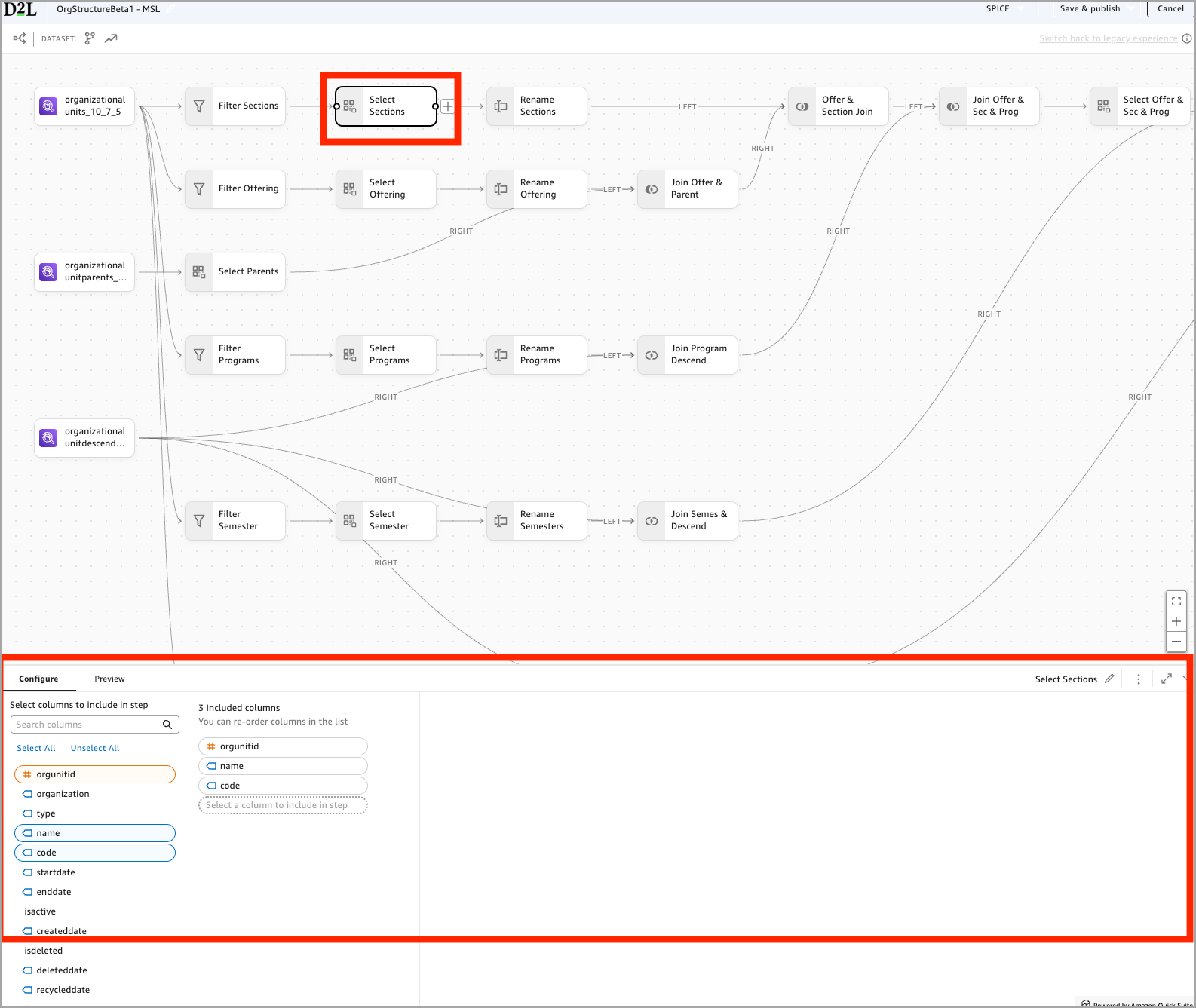 Analytics Builder view with Select Sections block and three columns selected in the configuration pane.