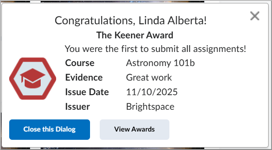 Award notification screen.