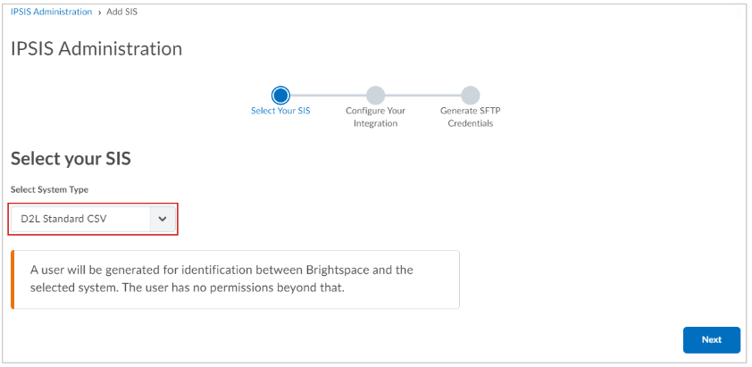 The Select your SIS page with D2L Standard CSV selected from the system type menu