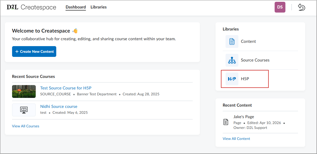 The Libraries widget showing the H5P access option.