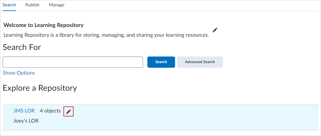 Uma imagem enfatizando o ícone Gerenciar Repositório dos objetos de aprendizagem (ícone Lápis) na guia Pesquisa do Repositório dos objetos de aprendizagem.