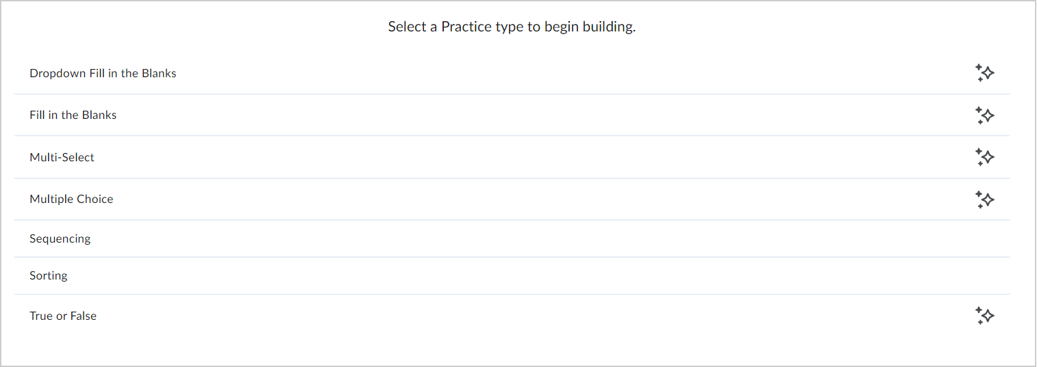 The page to select a Practice type. The questions able to use AI have a star icon next to them.