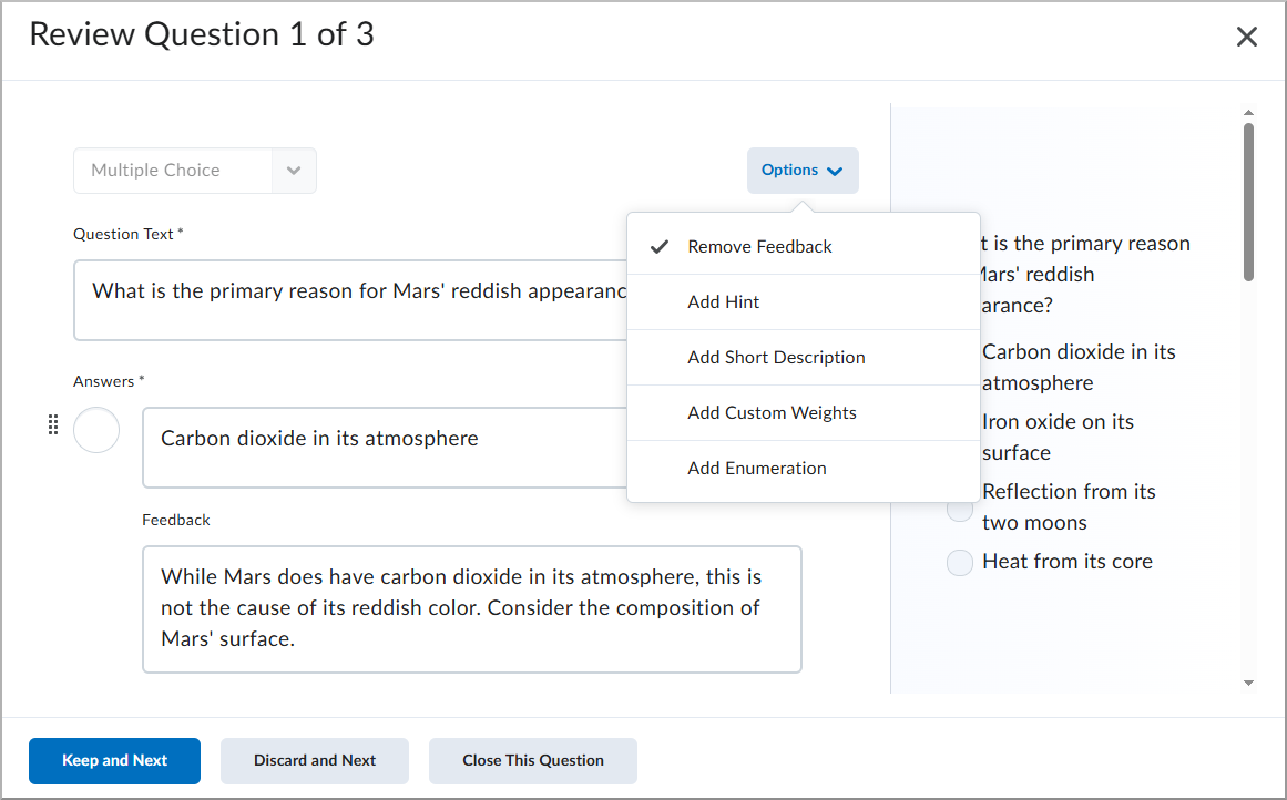 Review Question screen with the Options menu displayed.