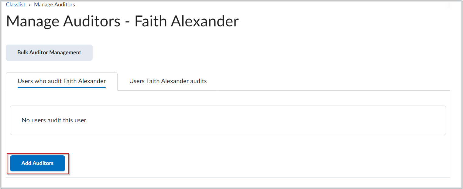 The Manage Auditors page with the Add Auditors button highlighted at the bottom.
