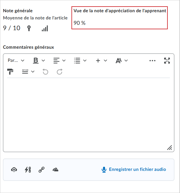 La note générale et la vue de la note d'appréciation de l'apprenant d'un sujet de discussion en cours d'évaluation.