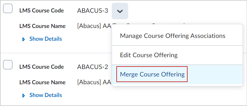 A opção Mesclar oferta de curso.