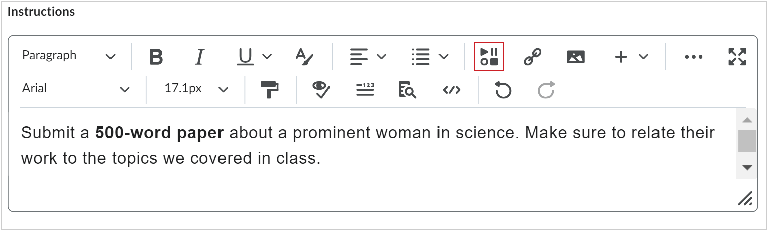 El ícono Insertar objetos en el editor de Brightspace