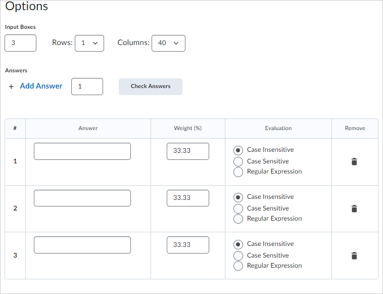 The Options area of the Multi-short answer creation page.