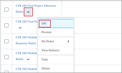 The More Options menu for a rubric provides options, including Edit and Copy.