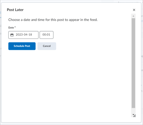 The Post Later dialog showing the Date and time fields and the Schedule Post option.