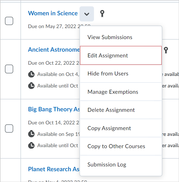 O menu suspenso Ações com a opção Editar atividade.