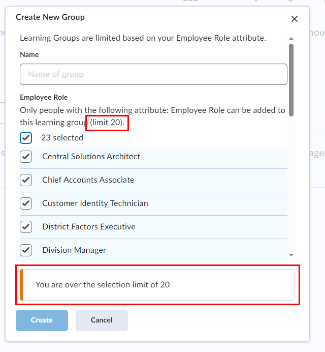 En la página Crear nuevo grupo, aparece el mensaje de texto sobre el límite existente de 20 atributos, junto con el mensaje de error que está sobre el límite de selección de 20.