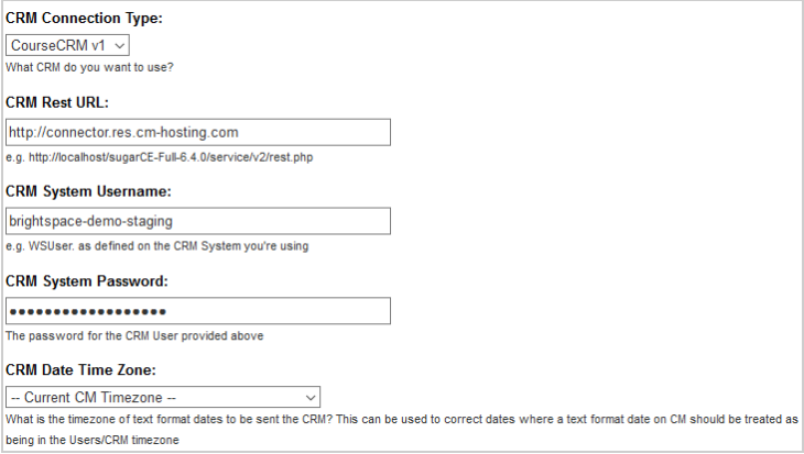 Configuración de conexión CRM y zona de tiempo en la página Configuración de CRM