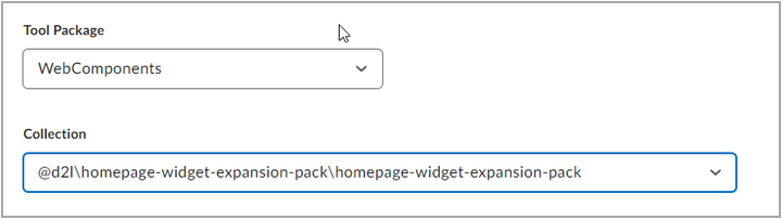 The Tool Package drop-down displays the WebComponents setting and the Collection drop-down displays the homepage-widget-expansion-pack setting