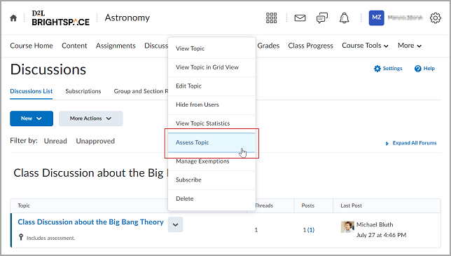 The Assess Topic option in the drop-down menu