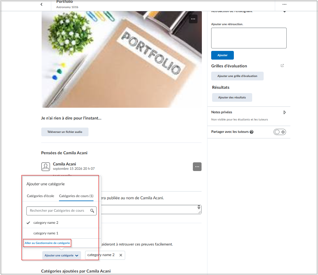 L’ancienne vue d’une preuve individuelle dans l’outil Portfolio, affichant l’option Tout catégoriser et le bouton Accéder au gestionnaire de catégories dans la liste déroulante du filtre.