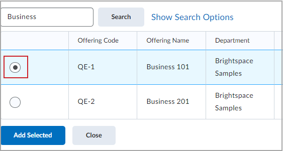 The Select course offering window with a sample course offering selected.