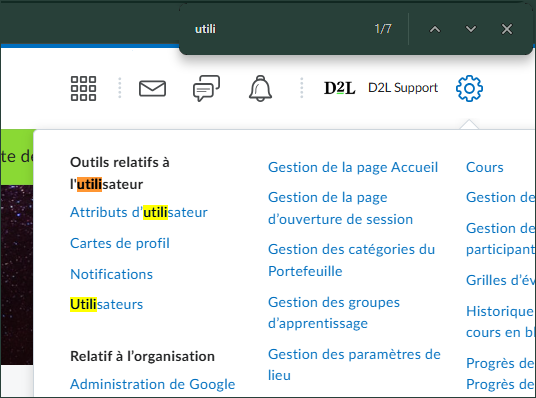 La version précédente du menu Outils d’administration. Un utilisateur utilisant le raccourci-clavier Ctrl-F pour rechercher l’outil « Utilisateurs ».