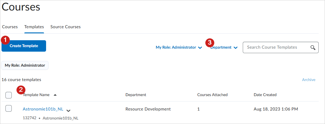 La pestaña Plantillas seleccionada muestra una lista de plantillas de cursos con opciones para crear y buscar.