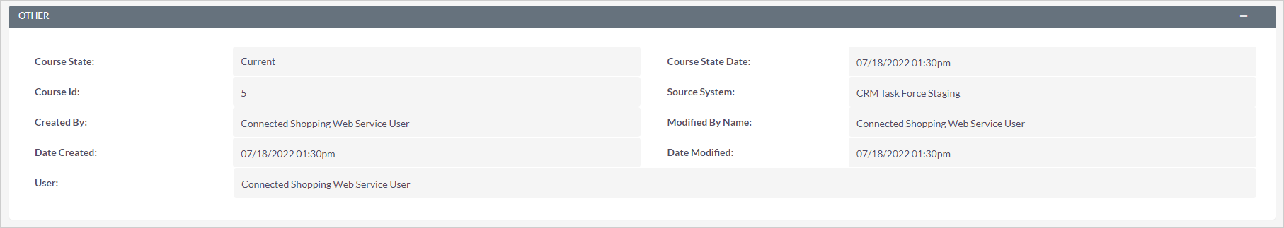 The Other section showing additional details about a Course record