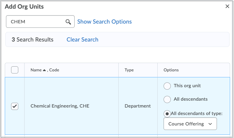 The Add Org Units page with an example of a location for a rubric to be created.