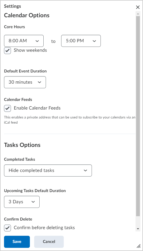 El cuadro de diálogo Configuración del Calendario.