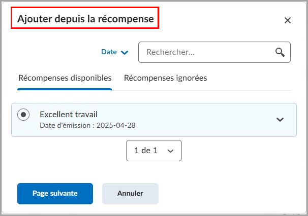 La boîte de dialogue Ajouter depuis une récompense comprend une liste de récompenses avec des options de sélection et de recherche.