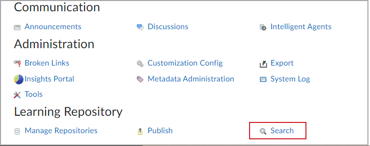 Select the Search option from the Learning Repository section of Course Admin