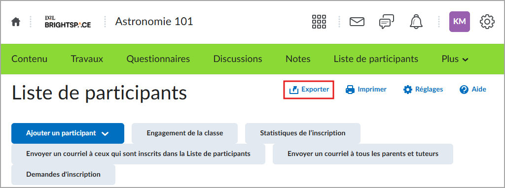 La nouvelle option Exporter la liste de participants sur la page de la liste de participants.