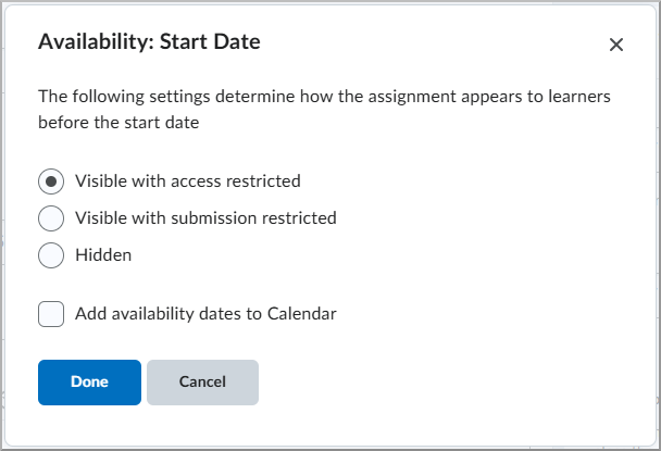 Pantalla Disponibilidad con las opciones que se pueden seleccionar para los estudiantes.