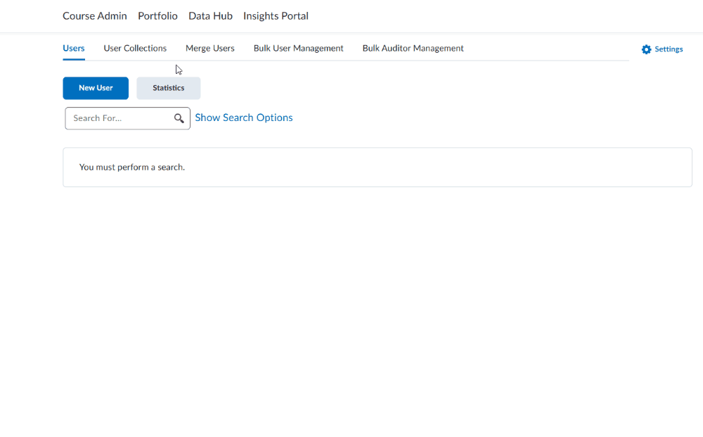 Administrator selects the Merge Users tab in the Users tool in Brightspace