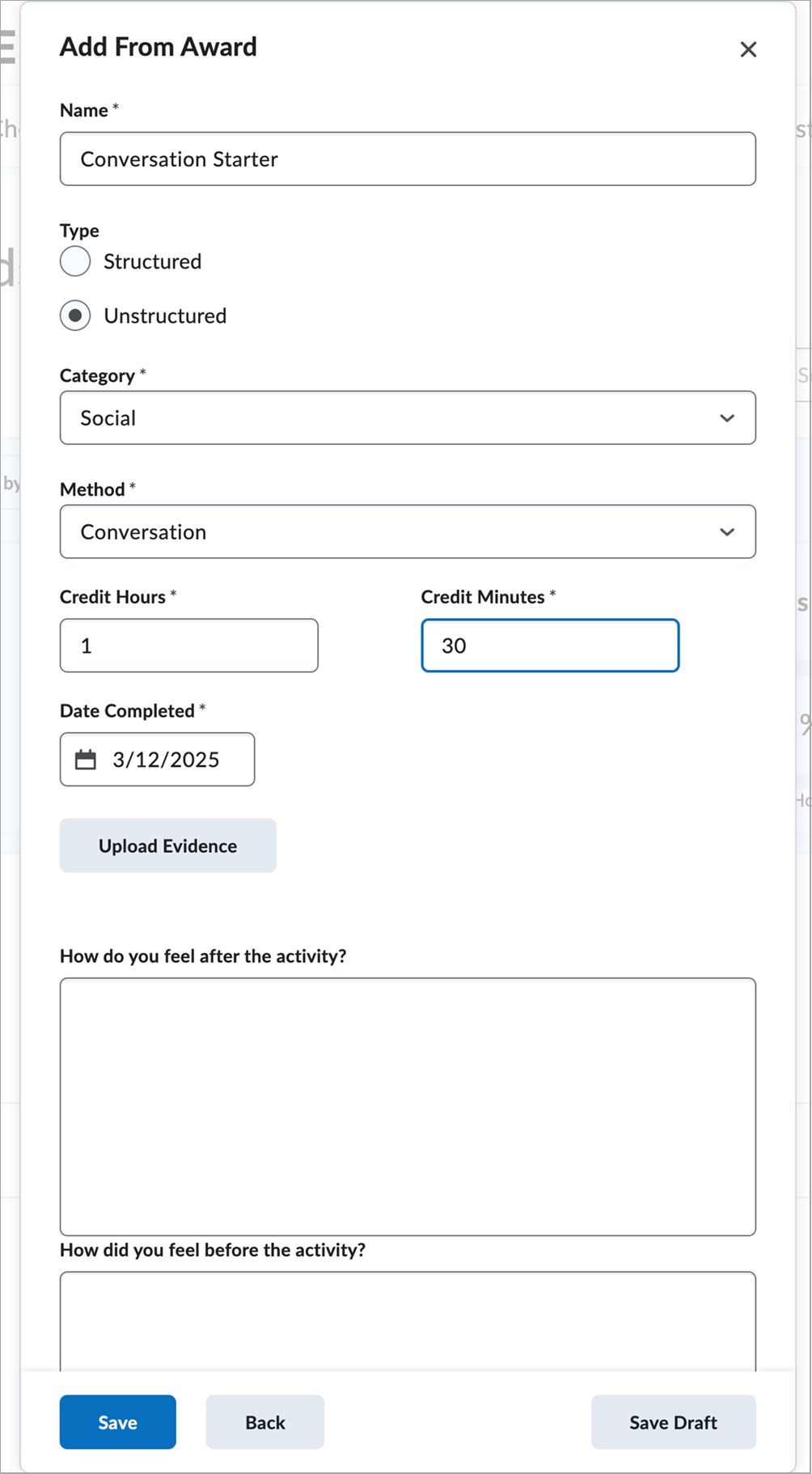 Add From Award dialog with pre-filled CPD details like name, type, category, and credit time
